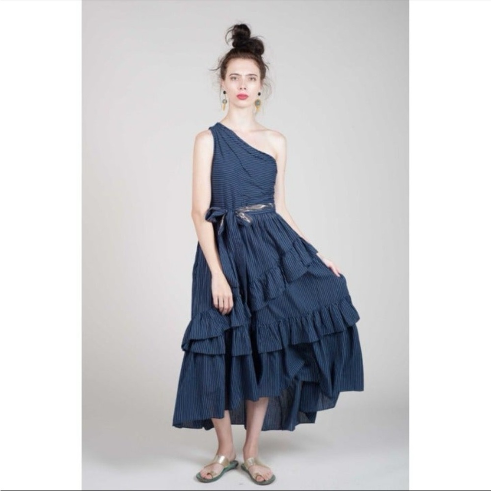 ULLA JOHNSON Amber Striped One Shoulder Tiered Ruffled Dress - Midnight - Size 4